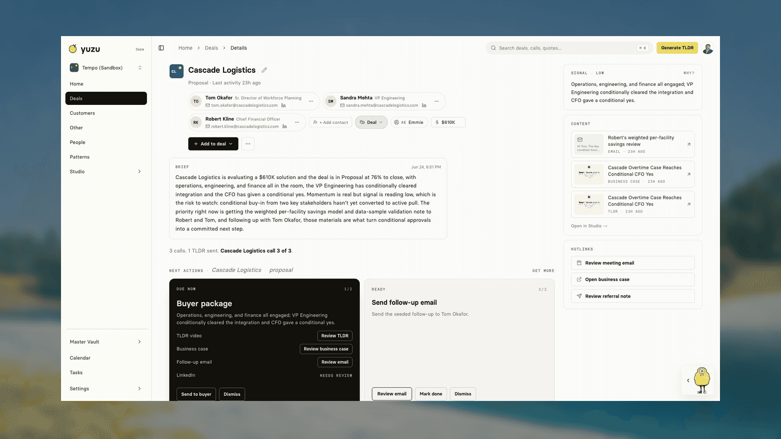 Yuzu deal page opening with a generated brief, the buyer package, a next action, and review tasks