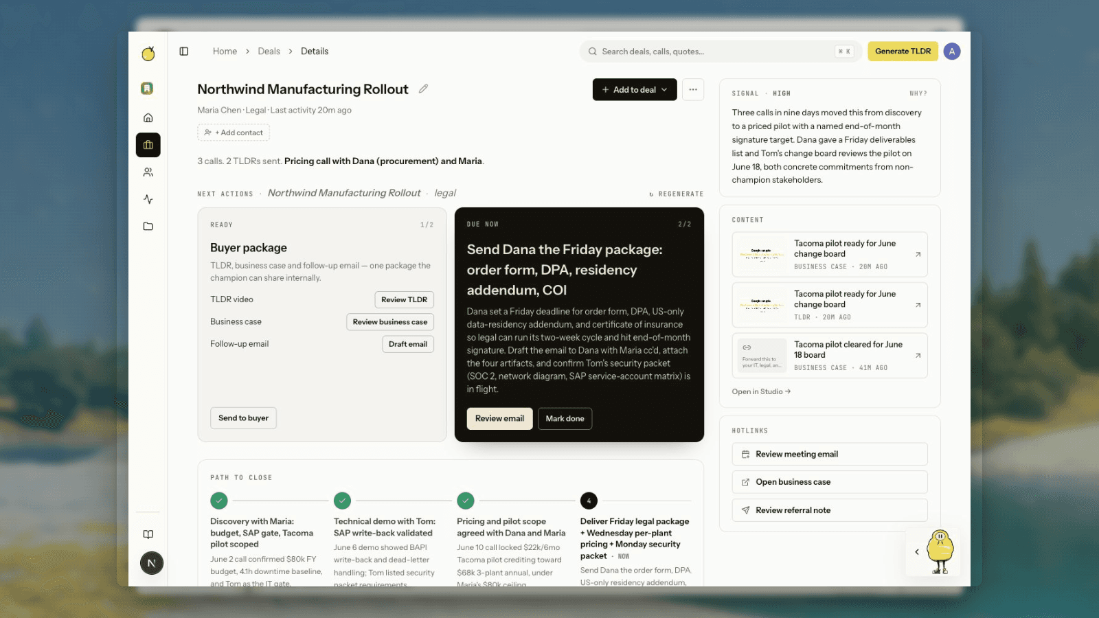 A deal in Yuzu with its path to close: discovery, technical demo, pricing, and the Friday legal package due now, with the buyer package ready beside it