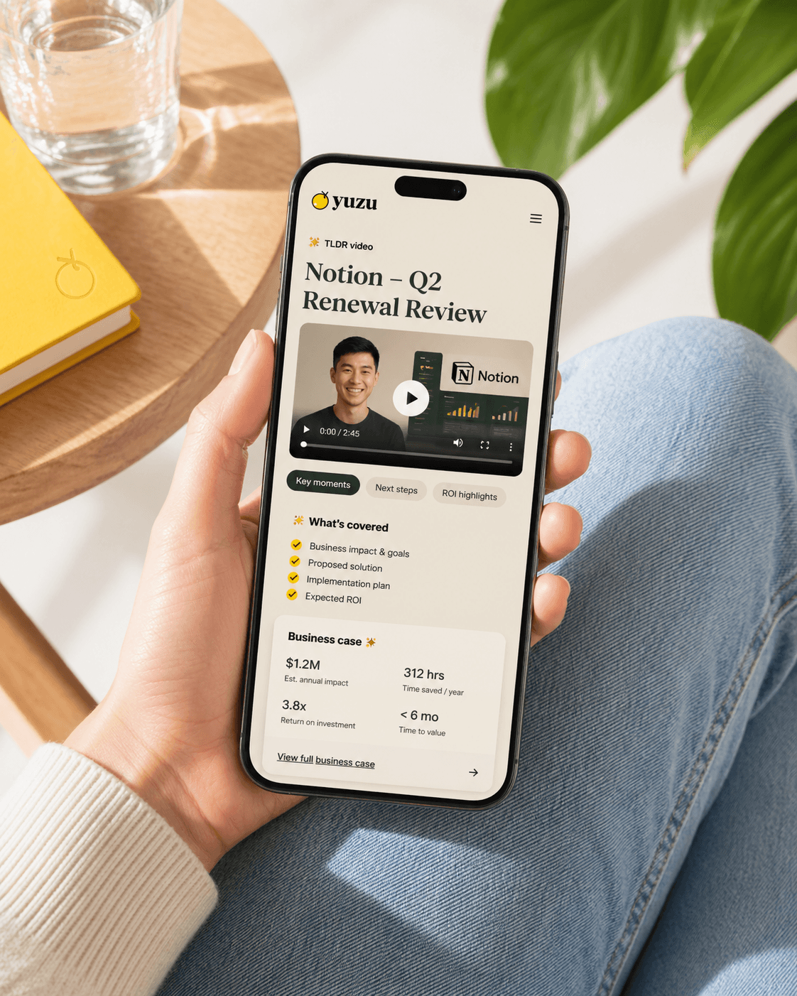 A Yuzu deal room on a buyer's phone: TLDR video, what's covered, and the business case numbers