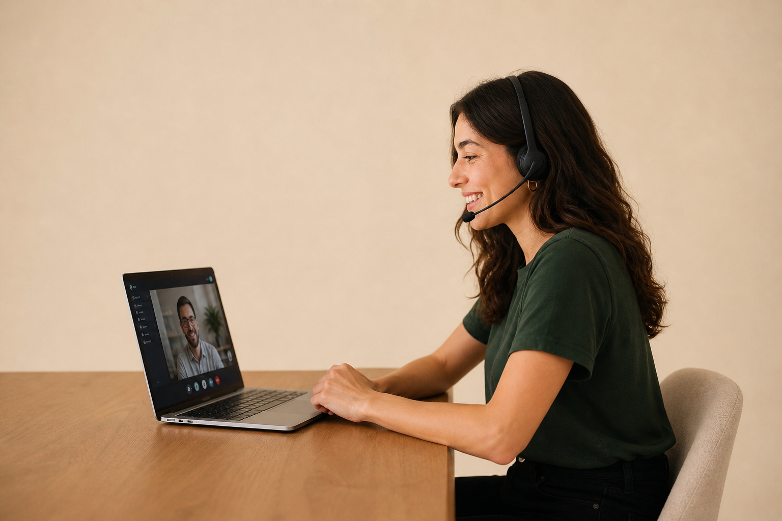 A Yuzu customer on a video call at her desk, smiling, wearing a headset