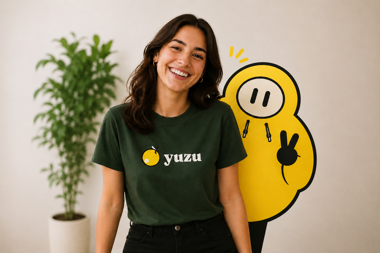A Yuzu customer in a green Yuzu tee, smiling, with Zu the mascot behind her